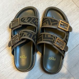 NEW FENDI Buckle Sandal Slides Green Brown Gold IT 38
